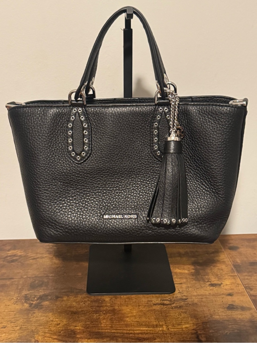 Michael Kors Black Pebbled Leather Satchel with Tassel Charm